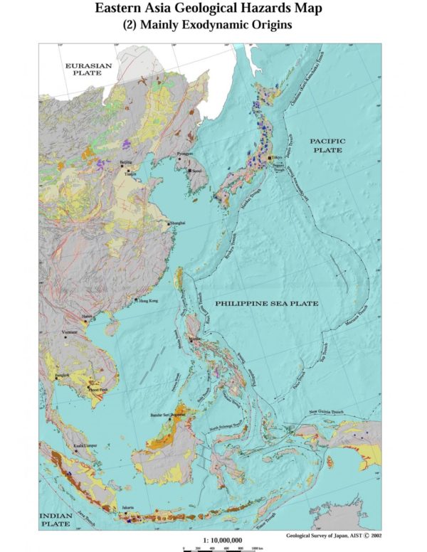 Carte des risques géologiques de l'Asie de l'Est